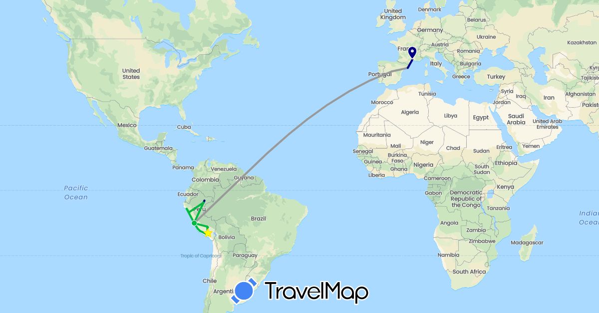 TravelMap itinerary: driving, bus, plane, hiking in Spain, France, Peru (Europe, South America)